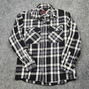 FiveBrother Flannel Shirt Mens Medium Black Gray Plaid Button‎ Front Workwear